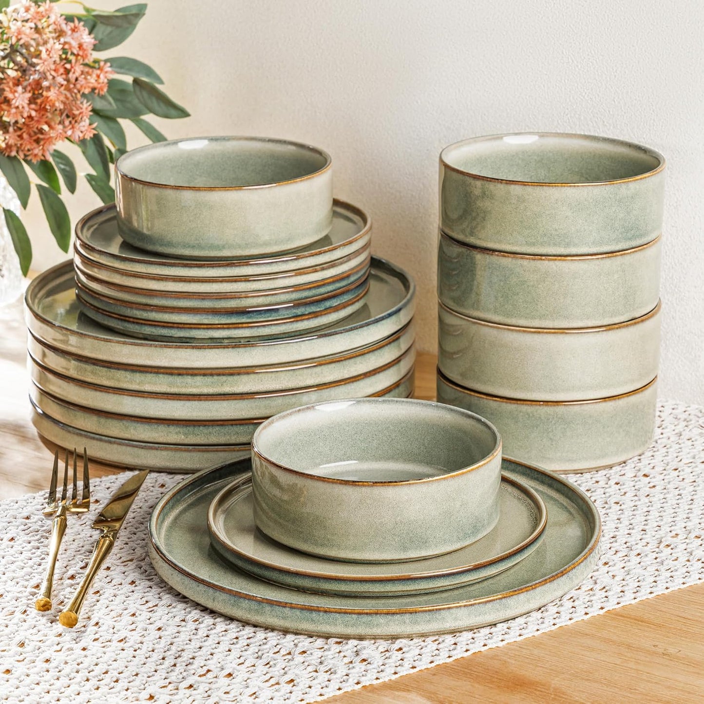 AmorArc Ceramic Dinnerware Sets, Handmade Reactive Glaze Stoneware Plates and Bowls Sets,Highly Chip and Crack Resistant | Dishwasher & Microwave Safe Dishes Set, Service for 8 (24pc)