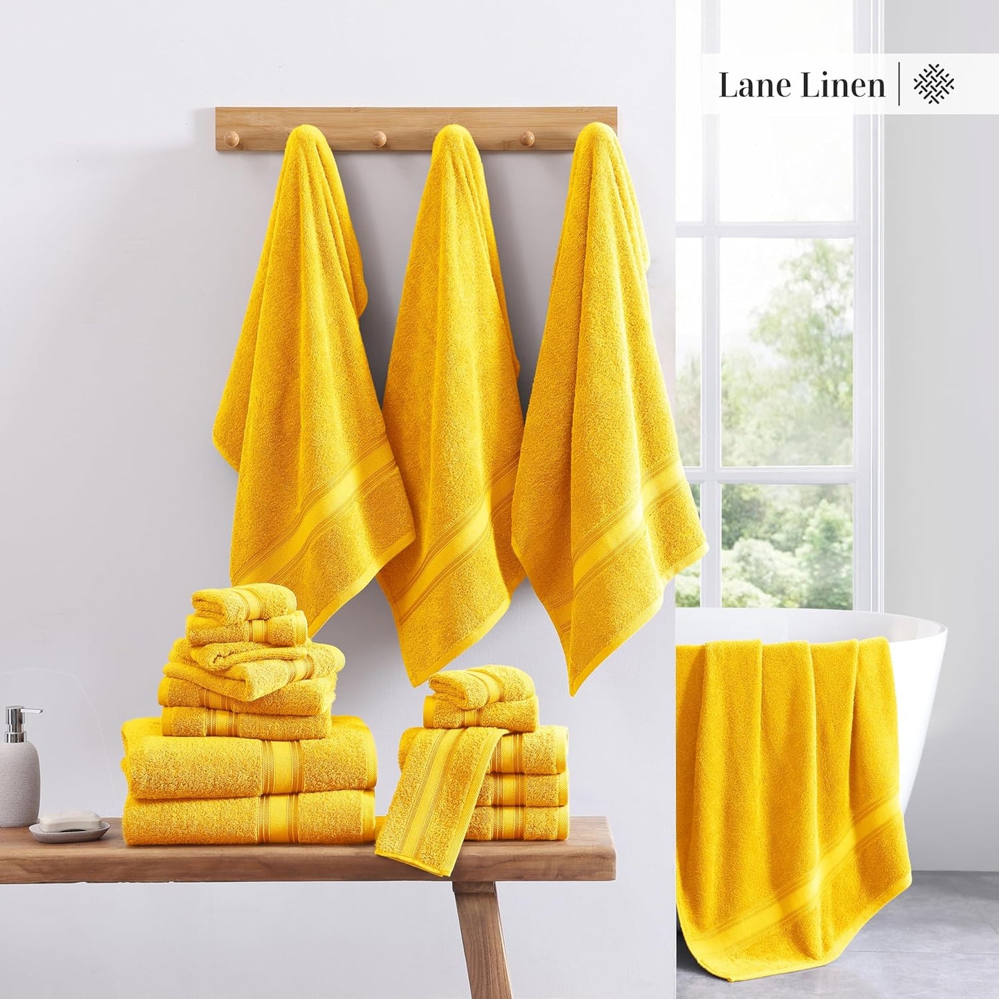 LANE LINEN 100% Cotton Luxury Bath Towel Set - 18 Pieces - Zero Twist, Ultra Soft, Quick Dry & Extra Absorbent - 6 Bath, 6 Washcloths, 6 Bathroom Hand Towels - Machine Wash in Cold Setting - Mimosa