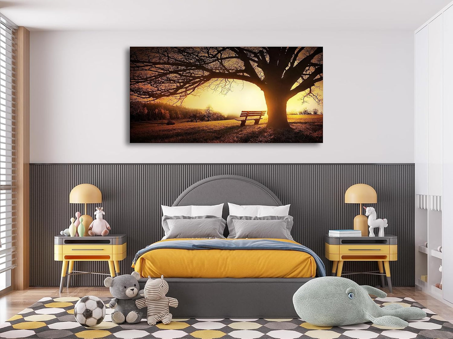 Muolunna Wall Art Decor Canvas Print Picture Big Trees in Sunset 1 Panel Golden Sunset Forest Natural Landscape Painting Artwork for Living Room Bedroom Office Home Wall Decor Framed Ready to Hang
