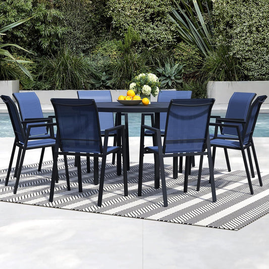 9 Piece Outdoor Dining Set, Patio Table and Chairs Set of 8, 60" Black Round Patio Table with 8 Blue Stackable Patio Chairs for Lawn, Garden, Porch