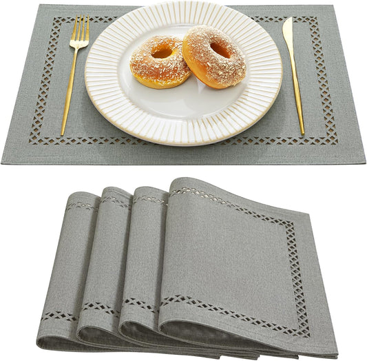 Burlap Placemats Set of 4, 12 x 18 Inch Rustic Geometric Hollow Place Mats, Heat Resistant Placemats for Farmhouse Kitchen Table Decor, Grey 4PCS