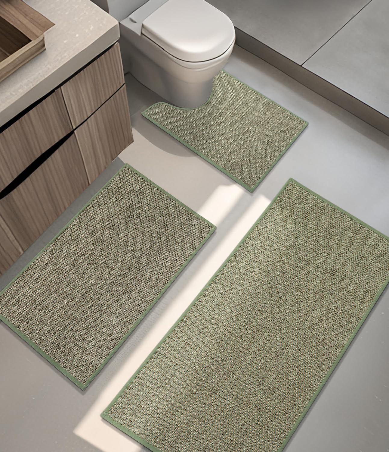 YIHOUSE Bathroom Rugs Sets 3 Pieces, Green Ultra Thin Bath Mats Fit Under Door, Absorbent Quickly Dry Rubber Backing Braided Bath Mat Set, Non Slip Washable Bath Rugs for Bathroom Floor, Green