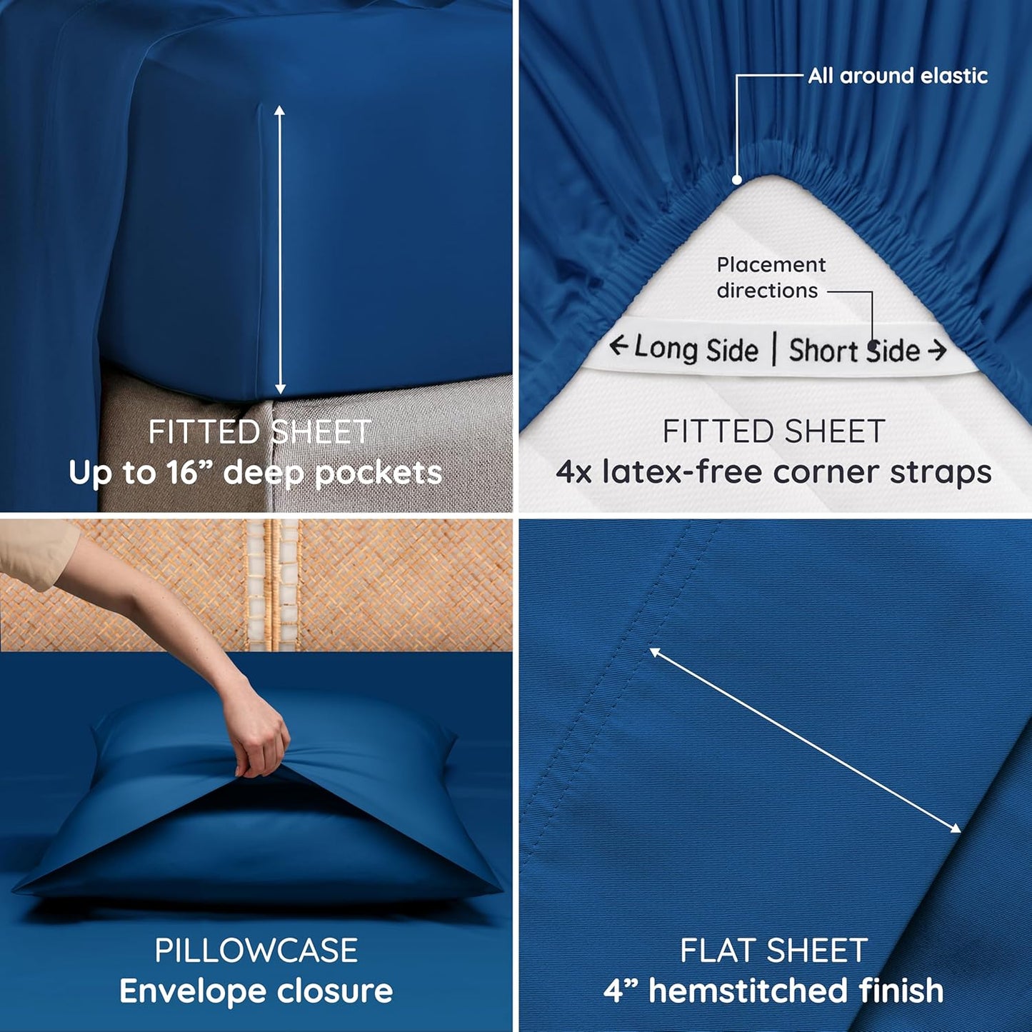 Bambaw King Sheets Set 4pcs – 100% Viscose Derived from Bamboo Sheets King Size Extra Deep Pocket, Ultra Soft, Fits Up to 16'' with Elastic Corner Straps, King Size Sheets Set Cooling (Navy Blue)