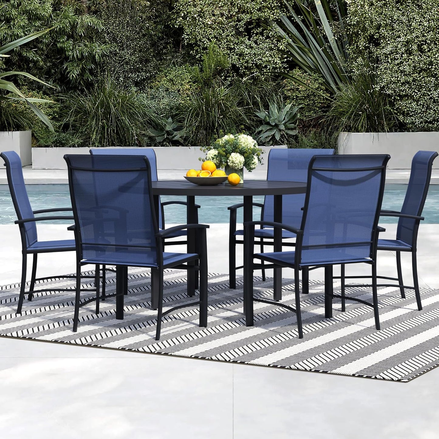 7 Piece Outdoor Dining Set, Patio Table and Chairs Set of 6, 47" Black Round Patio Table with 6 Blue Outdoor Patio Chairs for Lawn, Garden, Porch