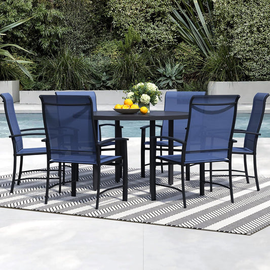 7 Piece Outdoor Dining Set, Patio Table and Chairs Set of 6, 47" Black Round Patio Table with 6 Blue Outdoor Patio Chairs for Lawn, Garden, Porch