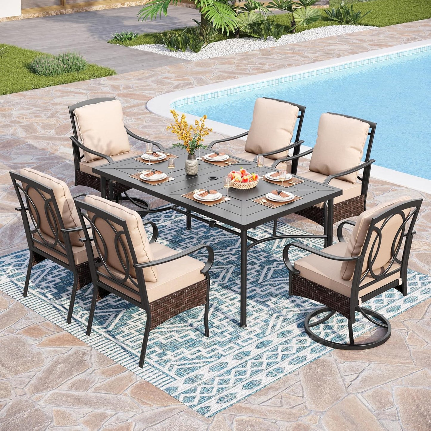 PHI VILLA 7-Piece Outdoor Dining Set, Heavy Duty Patio Table and Chairs Set with Umbrella Hole for 6, 64" Rectangular Patio Metal Table & Iron Wicker Dining Chairs with Cushions, 2 Swivel