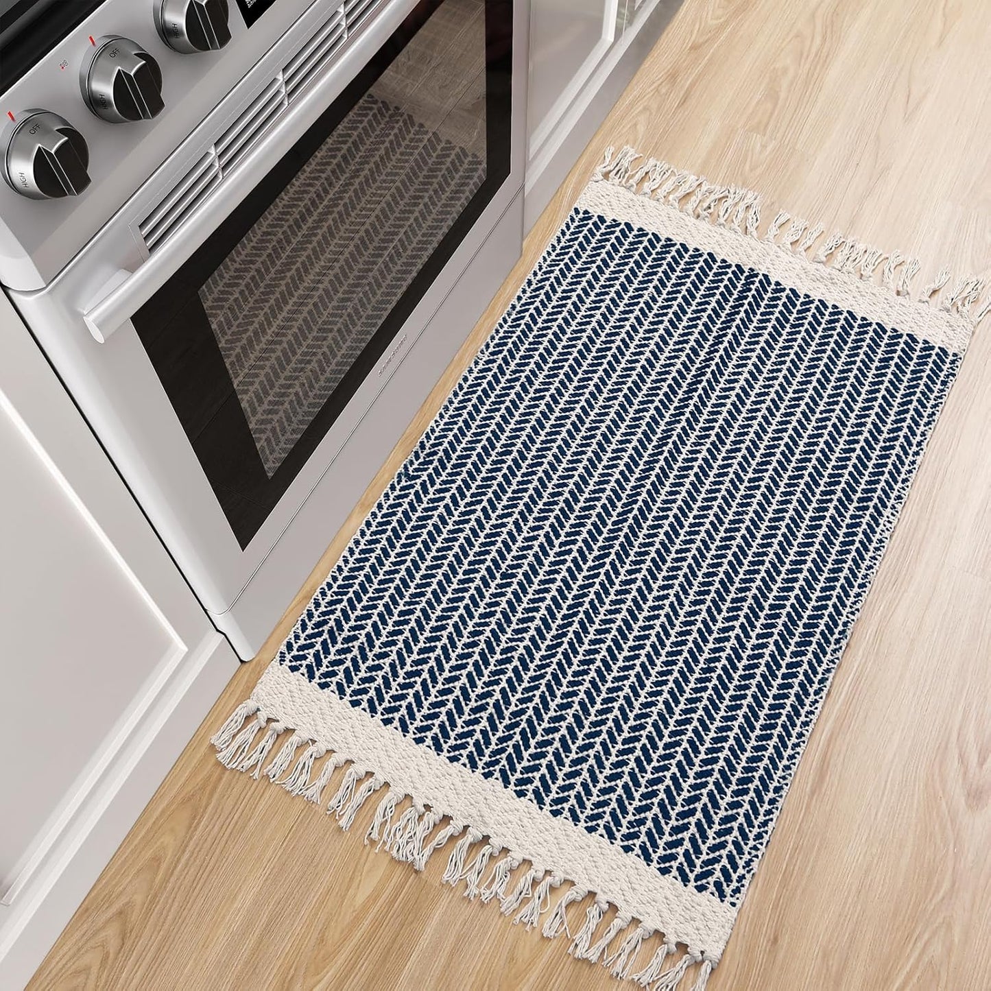 Lahome Boho Bathroom Rugs, Small 2x3 Front Door Mat Lightweight Entryway Rug Woven Cotton Area Rug with Tassels, Farmhouse Non Shedding Washable Blue Throw Rug Low Pile Carpet for Entry Laundry