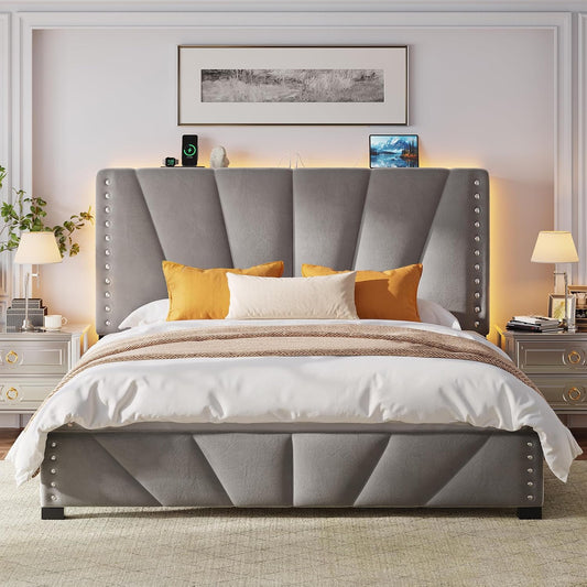 EnHomee Queen Bed Frame, Velvet Bed Frame with Headboard and Led Light, Platform Bed Frame for Bedroom Apartment, Dorm, Noise-Free, Easy Assembly, Dark Gray