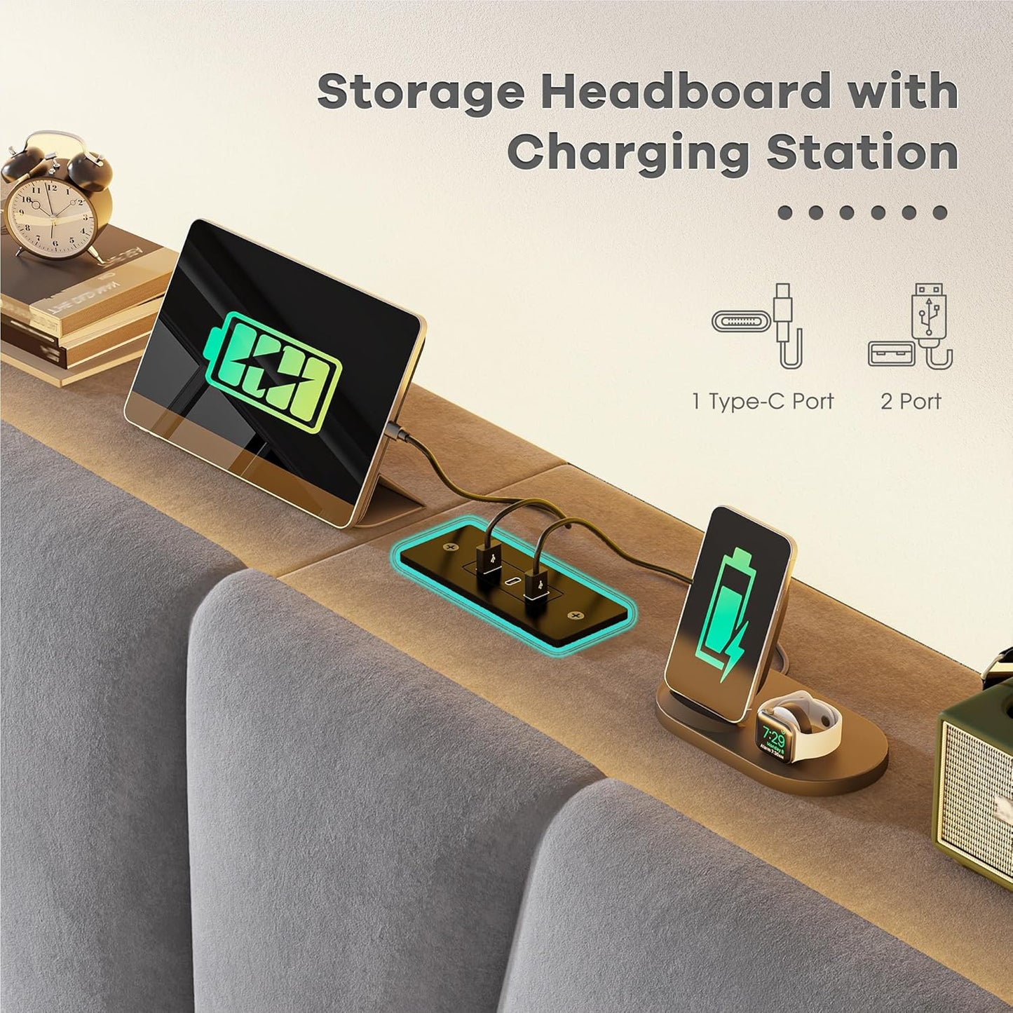 EnHomee King Size Bed Frame, Velvet Bed Frame with Headboard and Led Light, Platform Bed Frame for Bedroom Apartment, Dorm, Noise-Free, Easy Assembly, Dark Gray