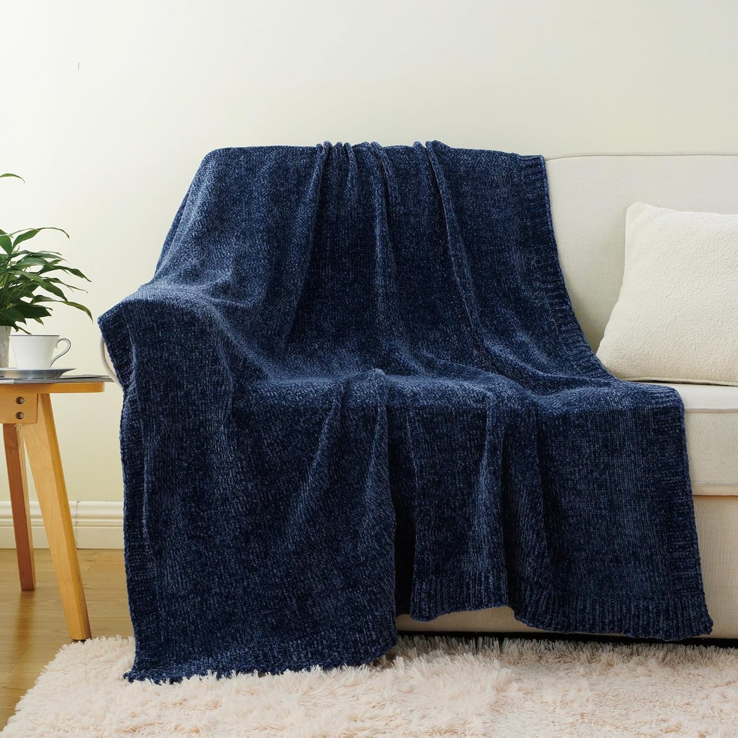 BATTILO HOME Navy Throw Blanket for Couch, Dark Blue Throw Blankets for Sofa, Chair, Living Room, Chenille Knit Throw Blankets for Bed Living Room Home Decor, 51"x67"