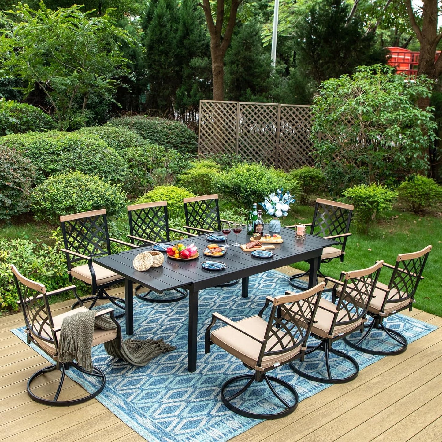 MFSTUDIO Patio Dining Set for 8, Outdoor Dining Set with Expandable Table, 9 Piece Metal Patio Table and Chairs Set, Patio Furniture Set for Deck Backyard Poolside Garden