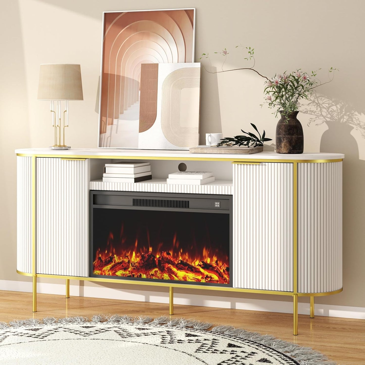 Fluted Fireplace TV Stand: 70" White Entertainment Center for 80 inch TVs with 30" Electric Fireplace, Luxury Media Console with Faux Marble Top, TV Consoles for Living Room