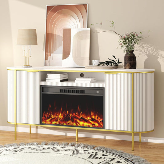Fluted Fireplace TV Stand: 70" White Entertainment Center for 80 inch TVs with 30" Electric Fireplace, Luxury Media Console with Faux Marble Top, TV Consoles for Living Room