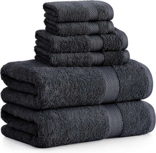 LANE LINEN 100% Cotton Luxury Bath Towel Set - 6 Pieces - Ring Spun, Super Soft & Highly Absorbent - 2 Bath, 2 Washcloths, 2 Hand Towels for Bathroom - Holds Well After Multiple Washes - Black