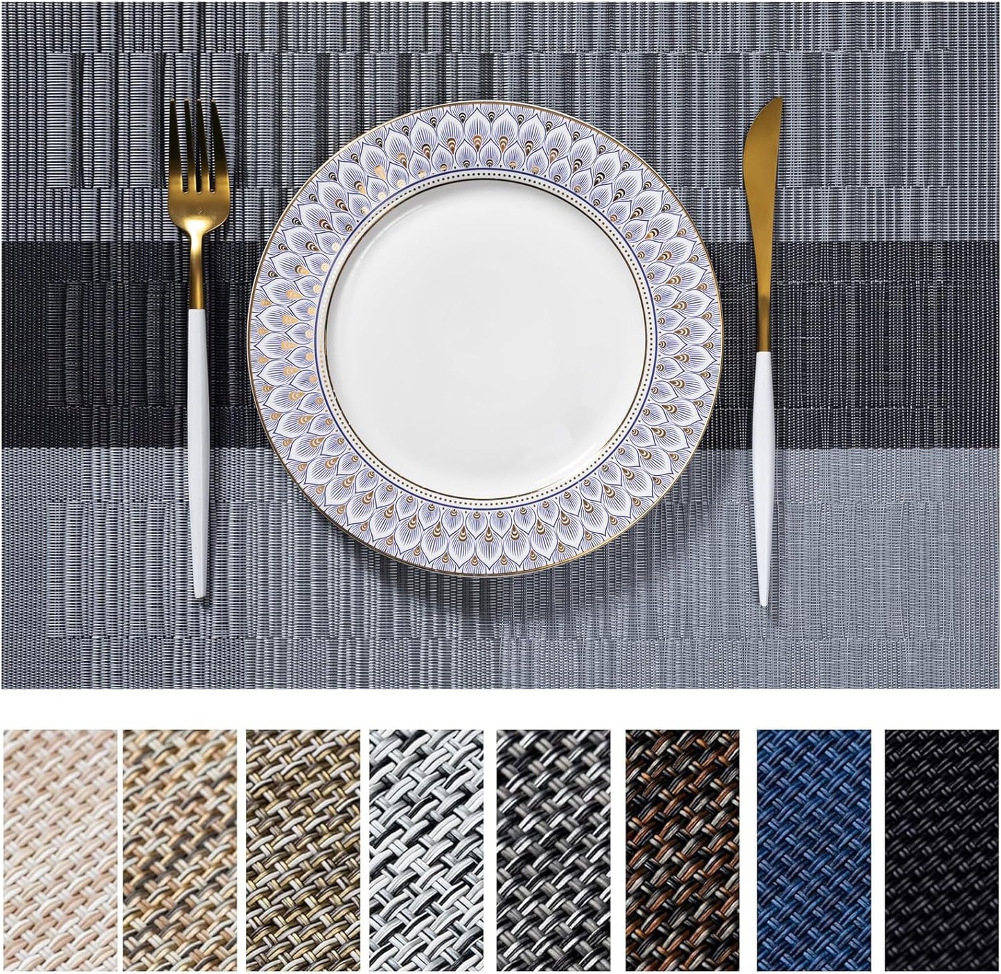 LEXMORE Placemats Set of 6 Vinyl/Plastic Woven Place Mats for Kitchen Table Indoor/Outdoor Washable Placemat Wipeable Dining Table Mats(Silver Gray Black)