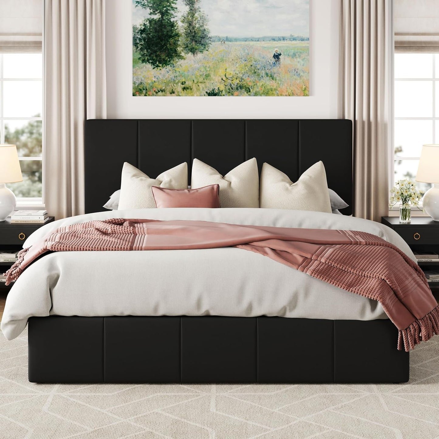 Allewie Queen Size Velvet Lift Up Storage Bed Frame, Vertical Channel Tufted Headboard, Hydrualic Underneath Storage, Upholstered Platform Bed, Wooden Slats Support, No Box Spring Needed, Black