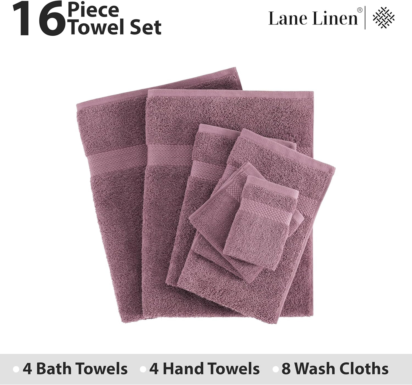 LANE LINEN 100% Mercerized Cotton Luxury Bathroom Towel Set - 16 Pcs - Super Soft, Fluffy & Highly Absorbent - 4 Bath Towels, 8 Washcloths, 4 Hand Towels - Pre Shrunk, Pet Friendly - Wishful Mauve