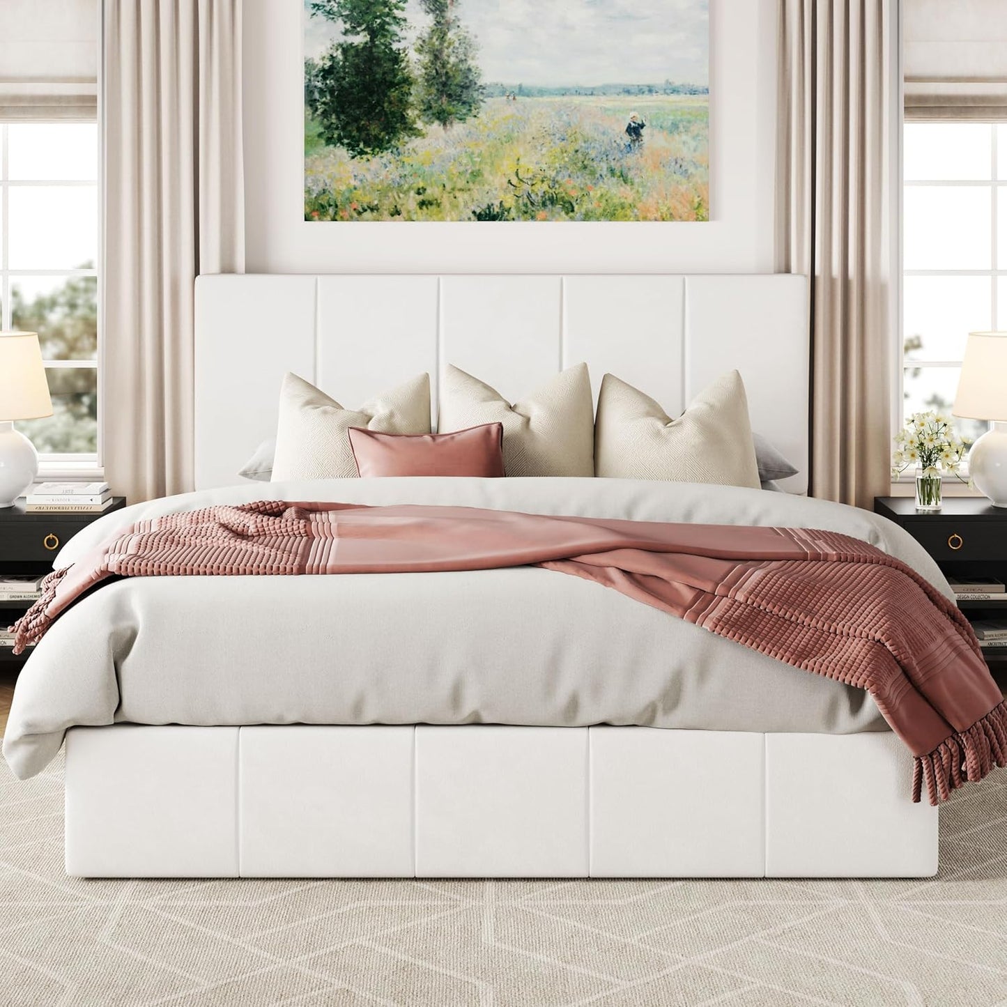 Allewie Full Size Velvet Lift Up Storage Bed Frame, Vertical Channel Tufted Headboard, Hydrualic Underneath Storage, Upholstered Platform Bed, Wooden Slats Support, No Box Spring Needed, White