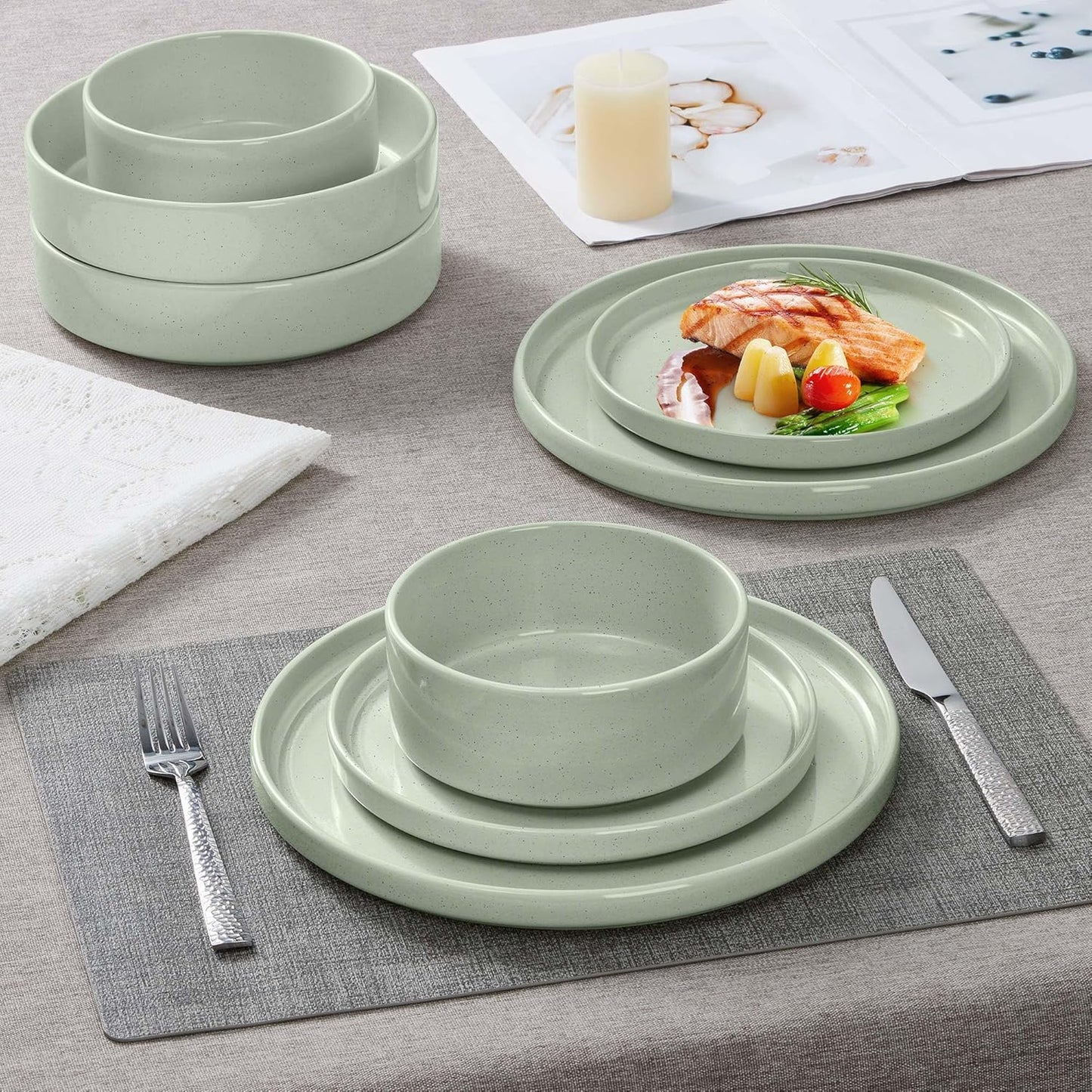 Herogo 8 Piece Plates and Bowls Set, Kitchen Dinnerware Sets with Pasta Bowls, Dinner Ware Dishes Service for 2, Chip & Scratch Resistant Porcelain Kitchen Dishware, Speckled Light Green