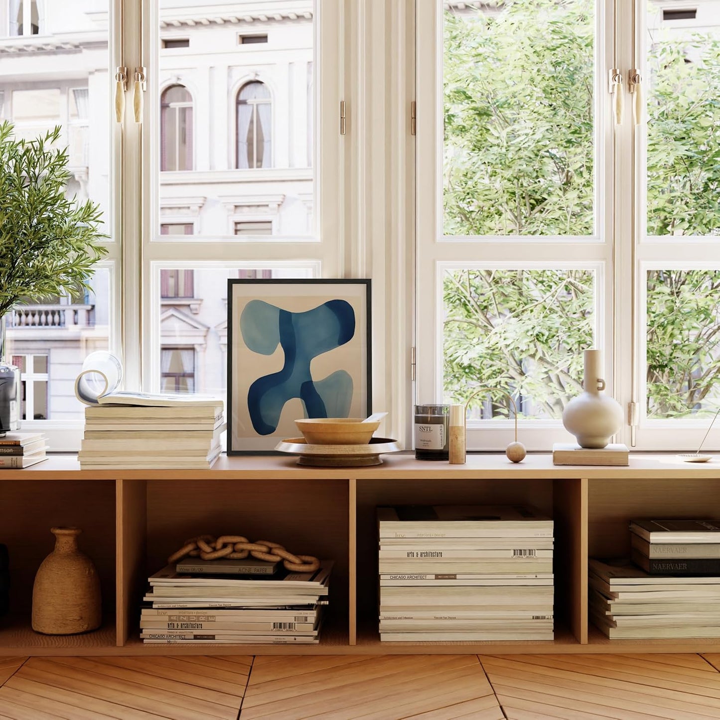 HAUS AND HUES Modern Abstract Wall Art - Blue and Green Living Room Art, Modern Artwork for Walls, Minimalist Picture for Living Room(Blue Shapes, Black Frame, 16x20)