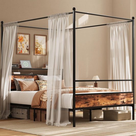 LIKIMIO Canopy Bed Frame Queen with Storage Headboard & Charging Station, Sturdy Metal Platform Bed with 4 Removable Posts, Dual Purpose Bed Frame, No Box Spring Needed, Noise Free