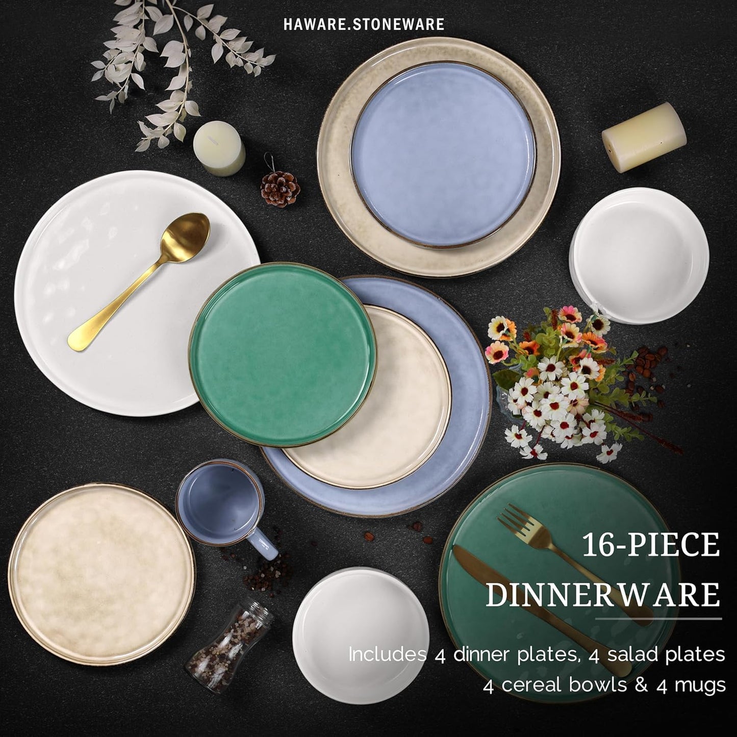HaWare Dinnerware Sets, 16-Piece Stoneware Plates and Bowls Set, Elegant Ceramic Dish Set for 4, Chip and Scratch Resistant, Microwave and Dishwasher Safe, Multicolor