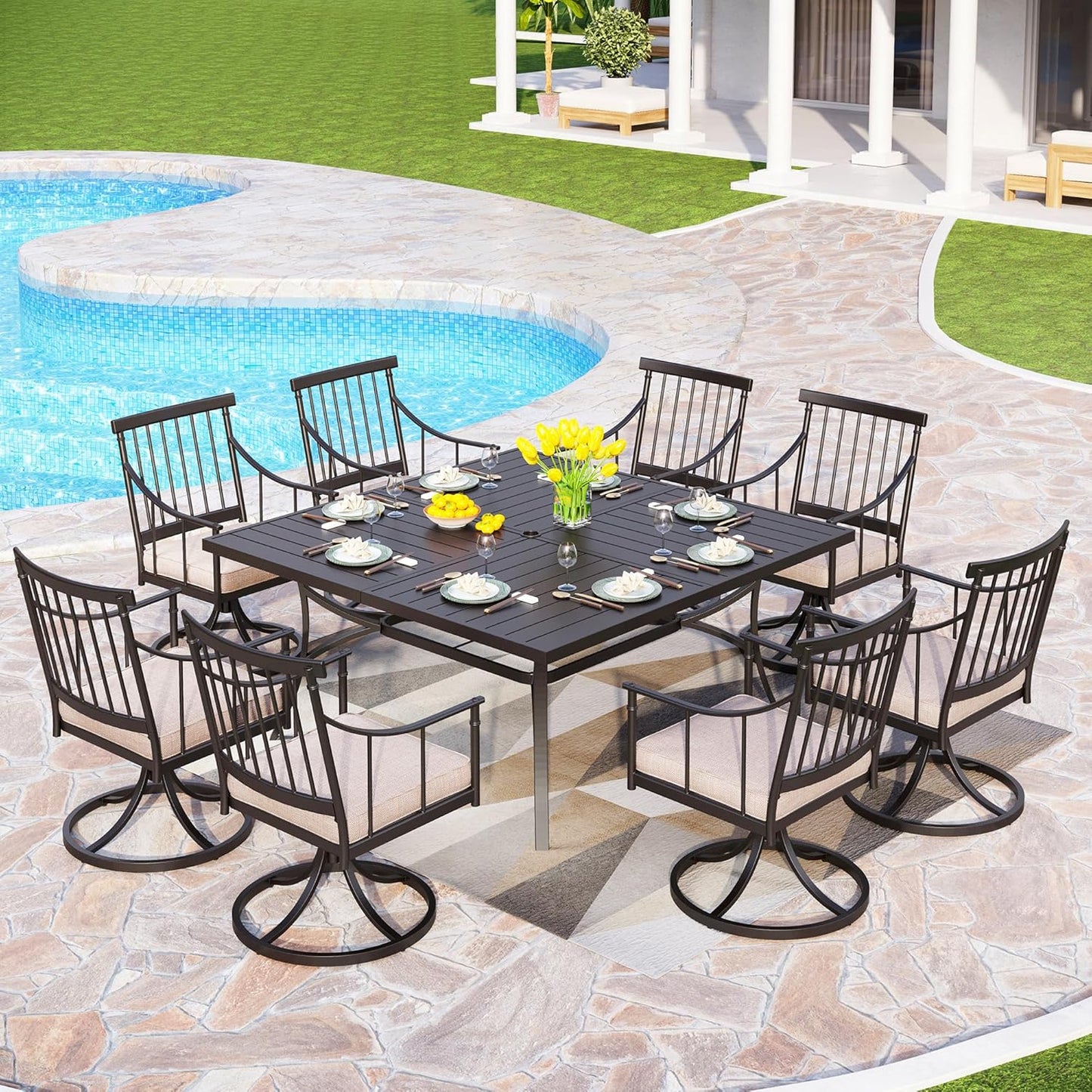 PHI VILLA 9 Pieces Outdoor Dining Table Set for 8, 60” Square Wrought Iron Table & Heavy-Duty Steel Swivel Chairs with Cushions, Large Dining Furniture Set for Patio, Deck, Yard, Porch