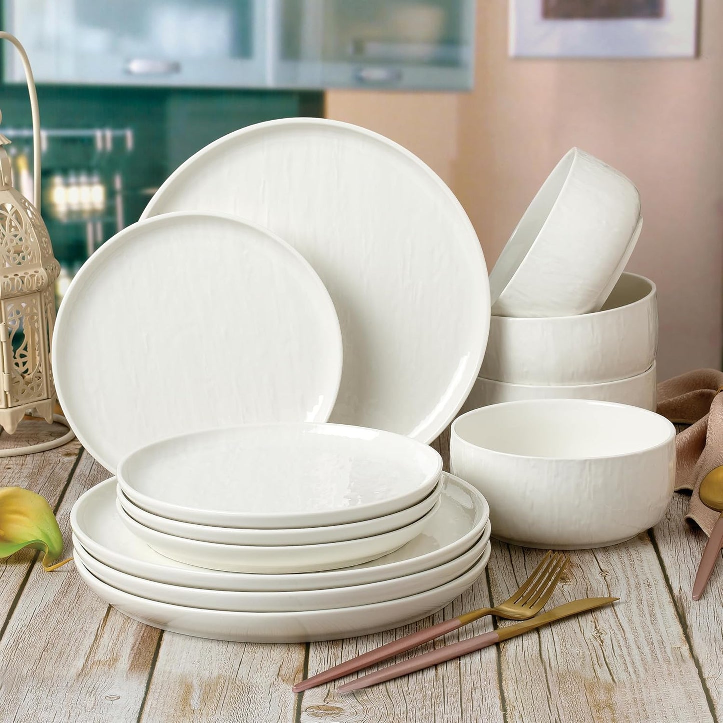Joseph Sedgh Collection “Kai” 12-piece Stoneware Dinnerware Set with Protective Glaze Finish, Service for 4, White