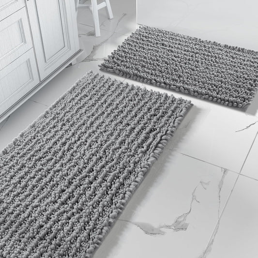 Yimobra Gray Bathroom Rugs Sets 2 Piece - Luxury Chenille Shaggy Bath Mat, Super Absorbent & Non Slip & Quick Dry, Soft Thick Bathroom Carpet for Tub Shower Floor, Machine Washable, 44x24+24x17 Inch