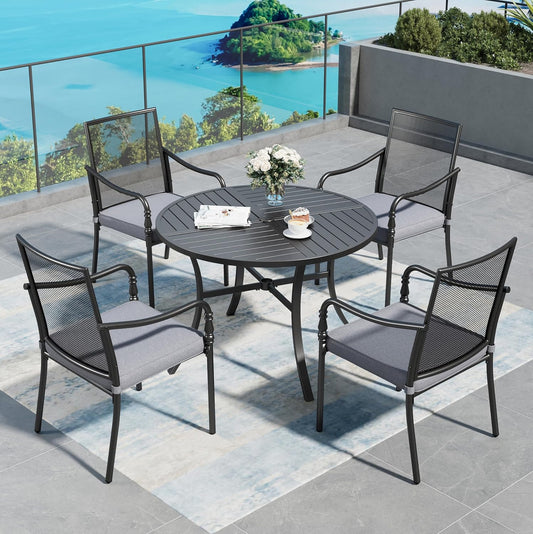 Patio Table and Chairs Set of 4, All-Weather Breathable Metal Mesh Patio Chair with Gourd-Shaped Armrests, 42x42 Round Table with Umbrella Hole, 5 Pcs Metal Frame Patio Dining Set