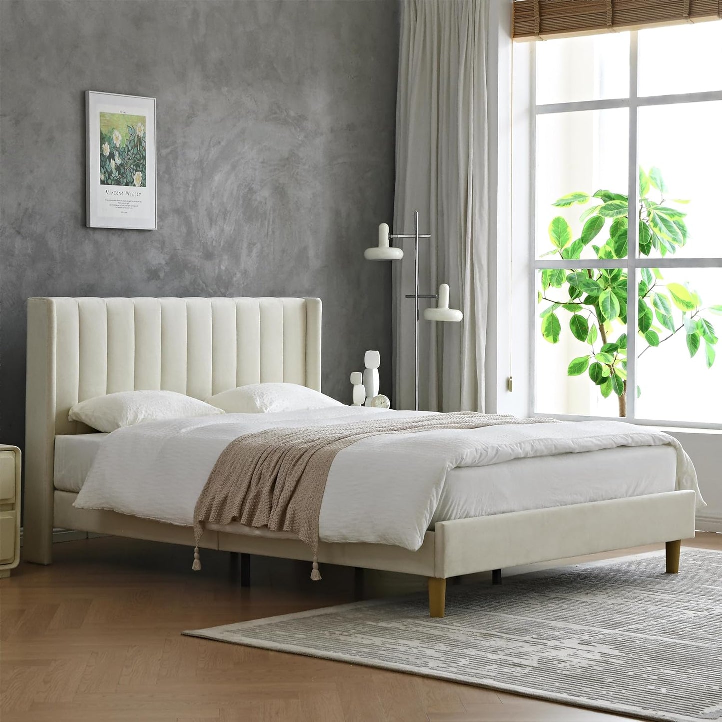 YUHUASHI upholstered Platform Bed Frame/Queen Bed Frame/Modern Geometric Double-Wing Design headboard/Velvet Fabric/Easy to Assemble no Noise (Cream, Queen (U.S. Standard))