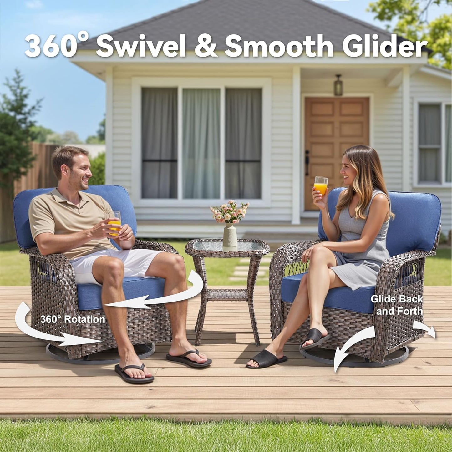 10 Pieces Wicker Patio Furniture Sets Swivel Chairs, All Weather Wicker 3 Seater Sofa with Ottomans Rattan Side Table, Outdoor Conversation Furniture Set for Proch Sunroom Backyard, Blue