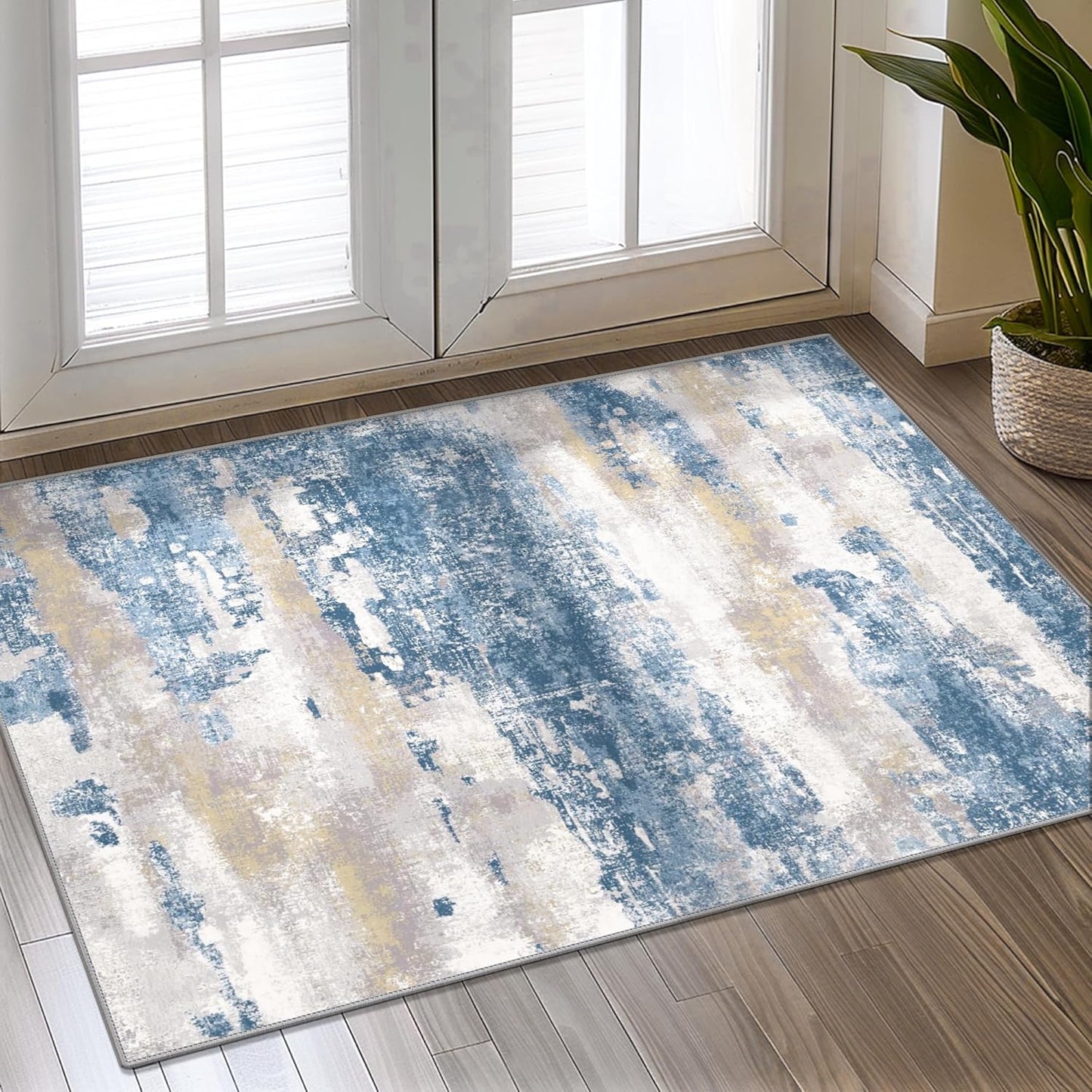 1.5'x2.5' Rugs for Entryway Entrance Kitchen Bathroom, Machine Washable Modern Abstract Soft Area Rug, Low Pile Indoor Floor Carpet with Non Slip Backing, Blue Cream