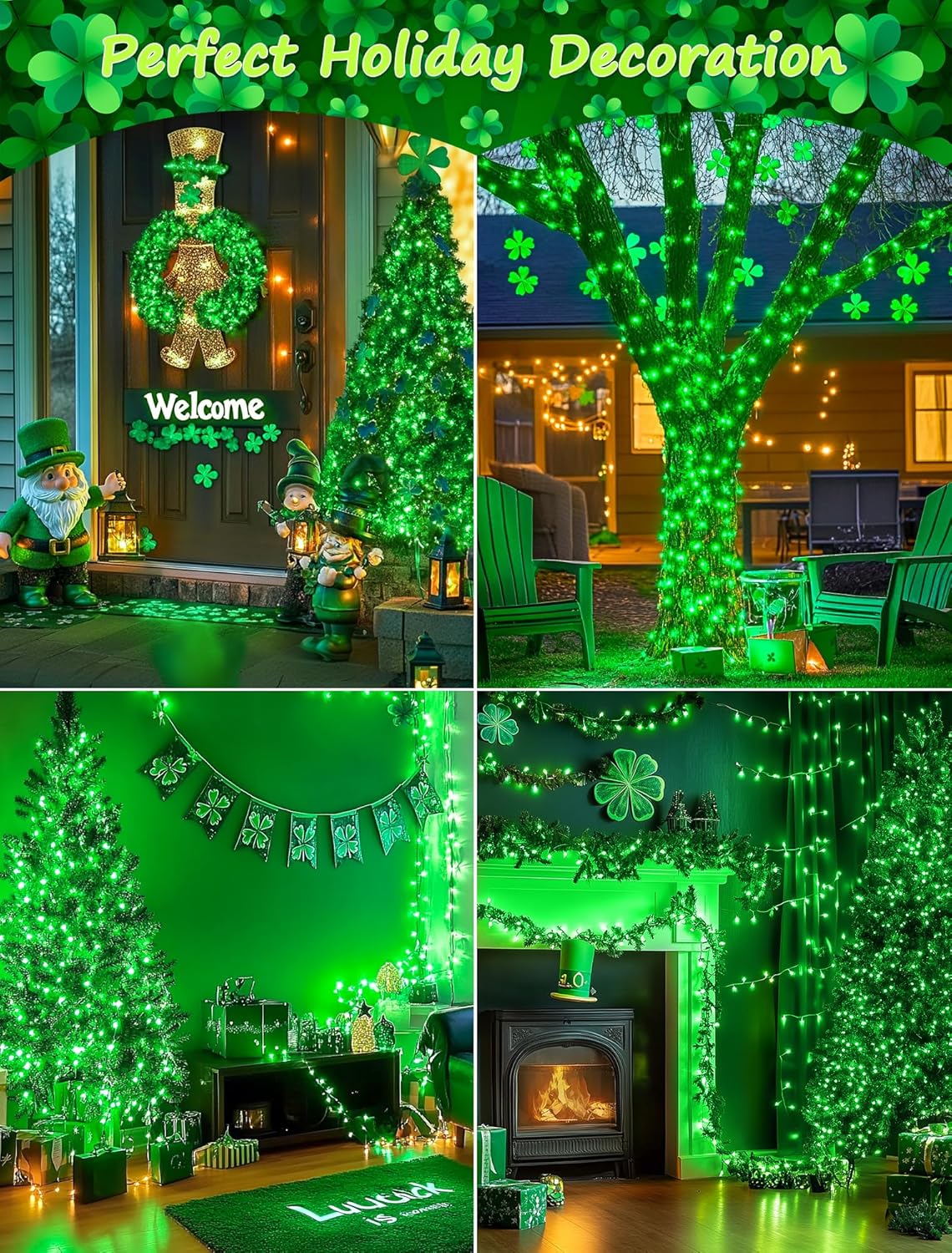 Hopolon St. Patrick's Day String Lights,2 Pack 13FT 50Count Green Mini Lights White Wire,Incandescent Christmas Tree Lights Connectable for Indoor Outdoor Holiday Patio Party Home Decorations