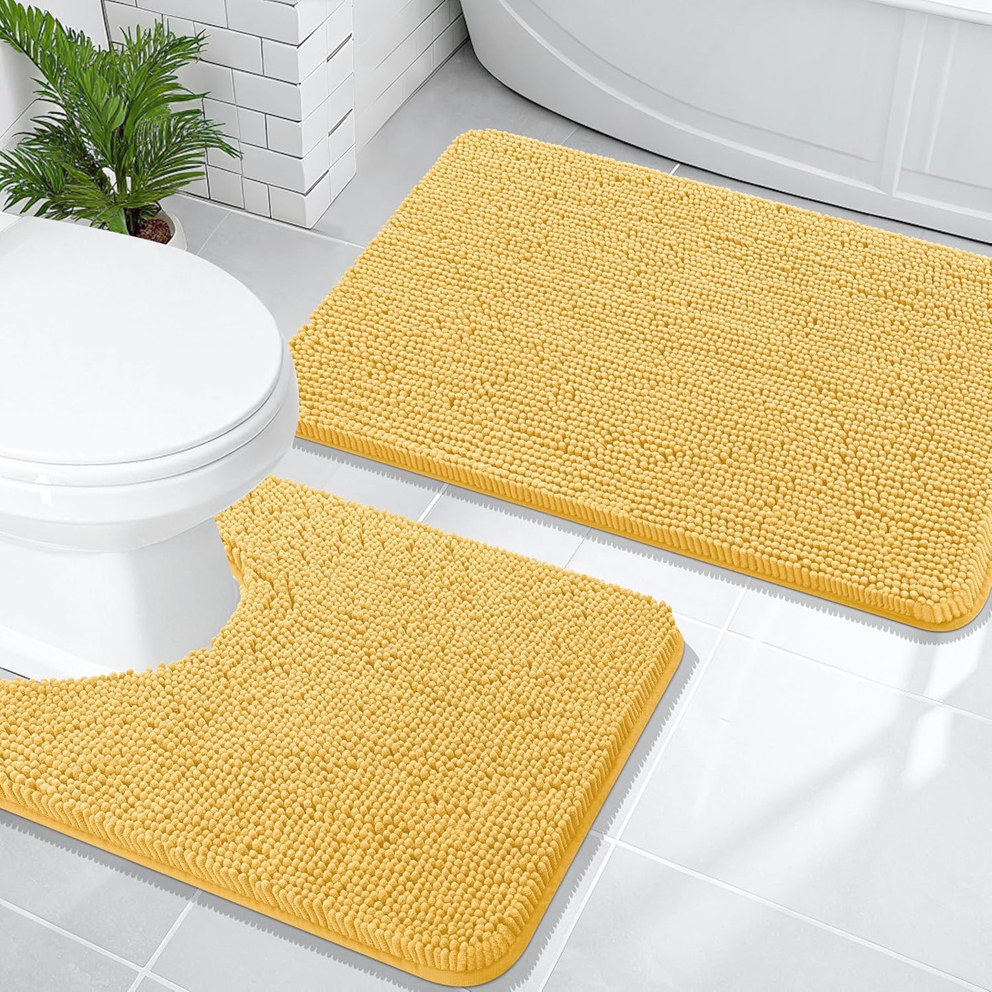 OLANLY Bathroom Rugs Sets 2 Piece, Soft Absorbent Chenille Bath Mats and U-Shaped Contour Toilet Mat Area Rug Set, Machine Washable Bath Carpet, Home Decor Accessories(30"x20"+24"x20", Yellow)