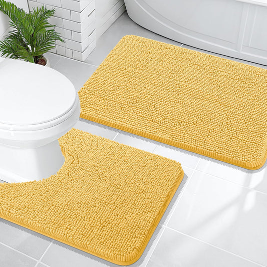 OLANLY Bathroom Rugs Sets 2 Piece, Soft Absorbent Chenille Bath Mats and U-Shaped Contour Toilet Mat Area Rug Set, Machine Washable Bath Carpet, Home Decor Accessories(30"x20"+24"x20", Yellow)