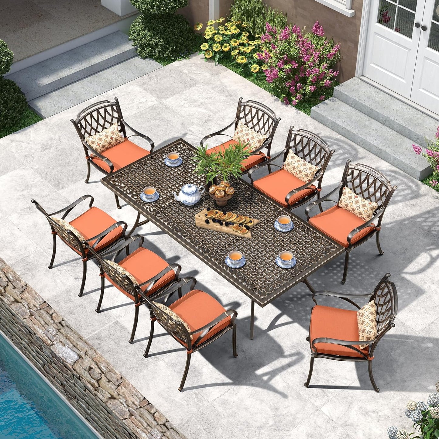 PURPLE LEAF 9 Pieces Patio Dining Sets Cast Aluminum Furniture with Rectangular Table for Lawn Garden Backyard Deck Outdoor Dining Sets with Cushions and Pillows, Rhombic Brick Red