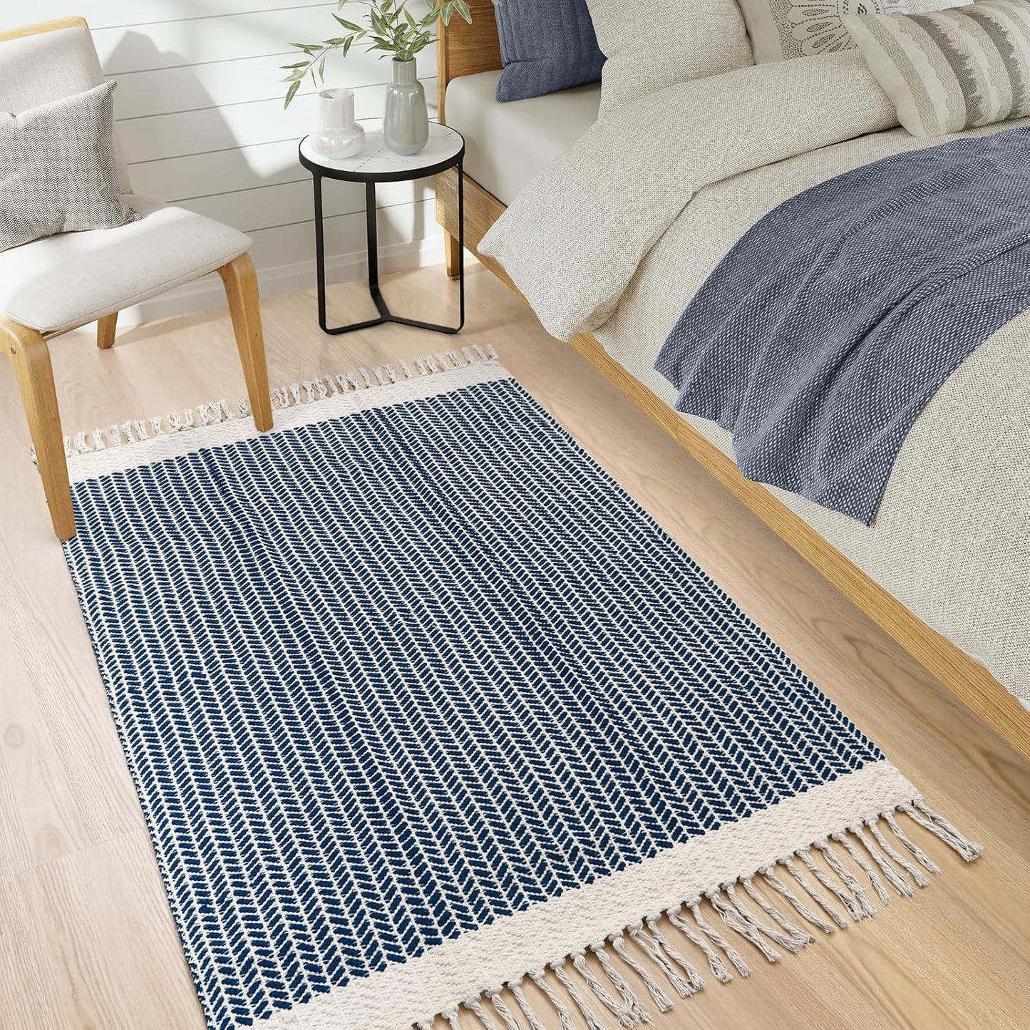 Lahome Boho Bedroom Rug, 3x5 Kitchen Rug Lightweight Rugs for Entryway Living Room Woven Washable Area Rug with Tassels, Farmhouse Navy Blue Throw Rugs Non Shedding Floor Carpet for Living Bedroom