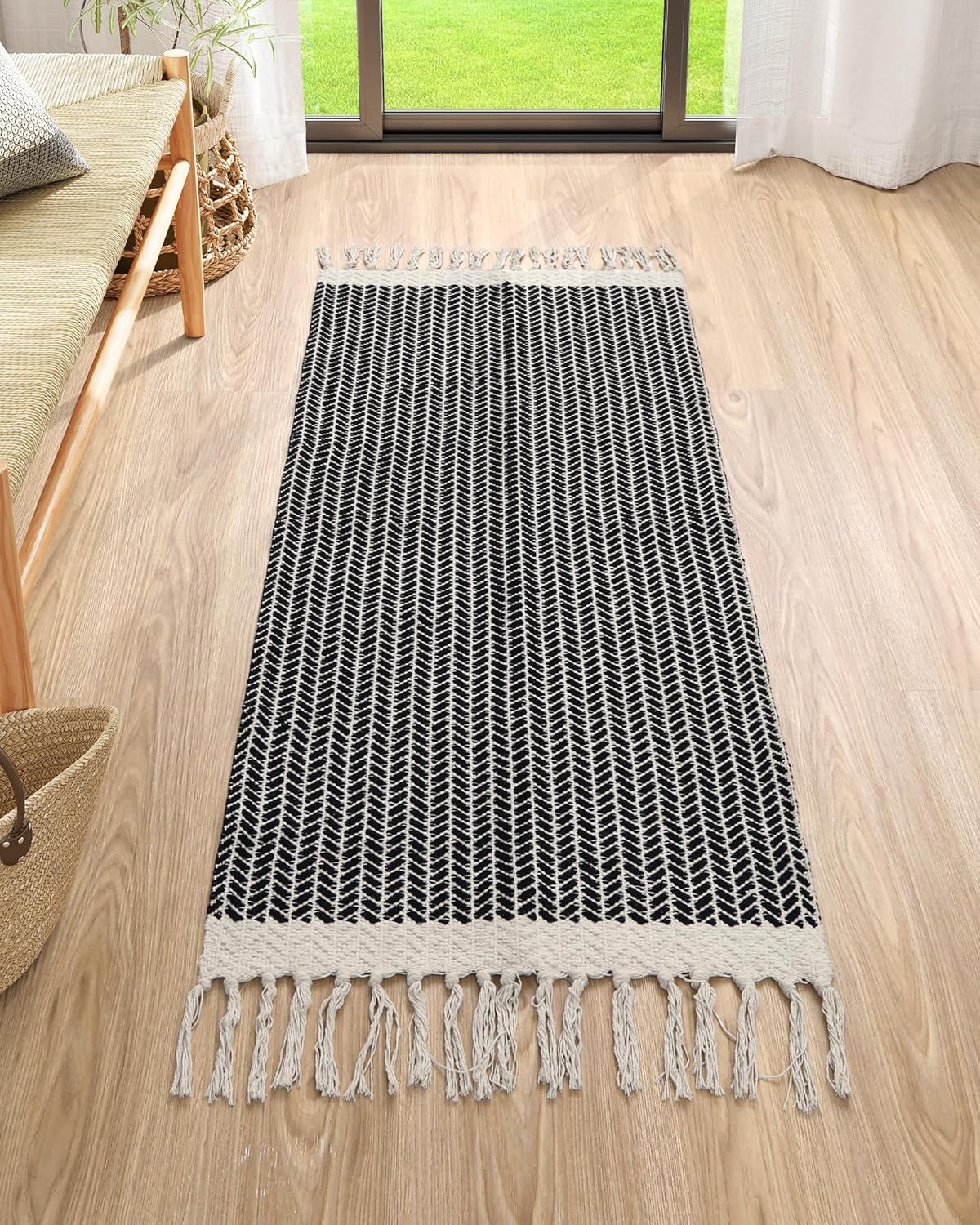 Lahome Boho Kitchen Runner, 2x4.3 Bathroom Runner Rugs Lightweight Entryway Rug Woven Cotton Throw Mat with Tassels, Farmhouse Non Shedding Washable Black Rug Low Pile Runners for Bedroom Doorway