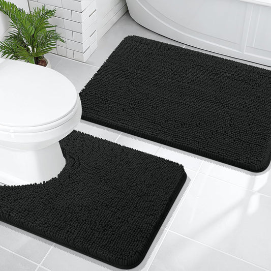 OLANLY Bathroom Rugs Sets 2 Piece, Soft Absorbent Chenille Bath Mats and U-Shaped Contour Toilet Mat Area Rug Set, Machine Washable Bath Carpet, Home Decor Accessories(30"x20"+24"x20", Black)