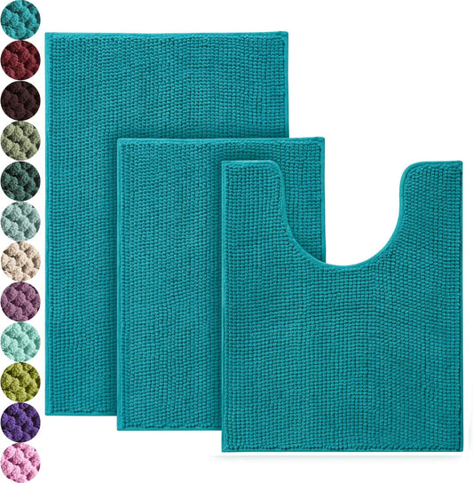 Urvoix Bathroom Rugs Sets 3 Piece, Chenille Bathroom Rug Non-Slip Bath Rug, Ultra Soft, Washable, Super Absorbent Bath Mats for Bathroom, Toilet and Tub (Teal Blue)