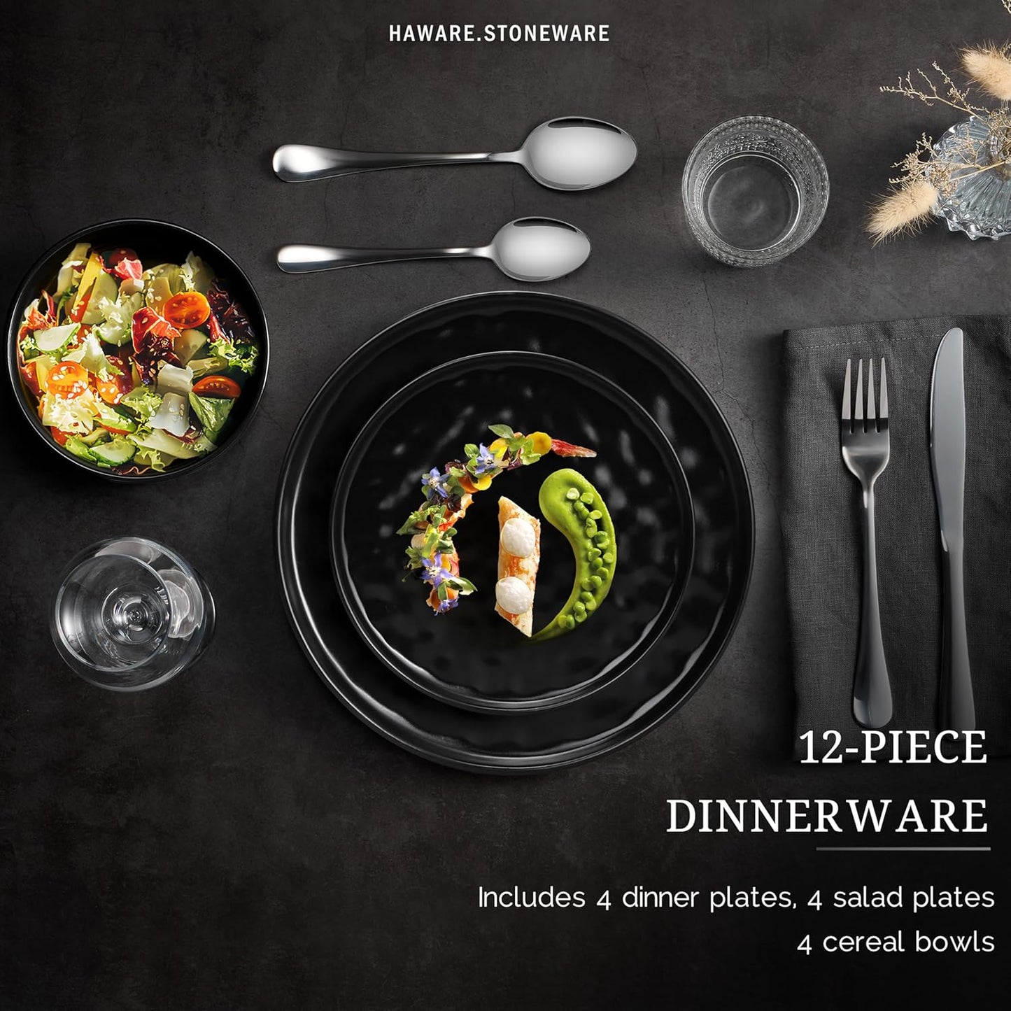 HaWare Dinnerware Sets, 12-Piece Plates and Bowls Set, Stoneware Dish Set for 4, Ceramic Dinnerware for Home Restaurant, Chip and Scratch Resistant, Microwave and Dishwasher Safe, Matte Black
