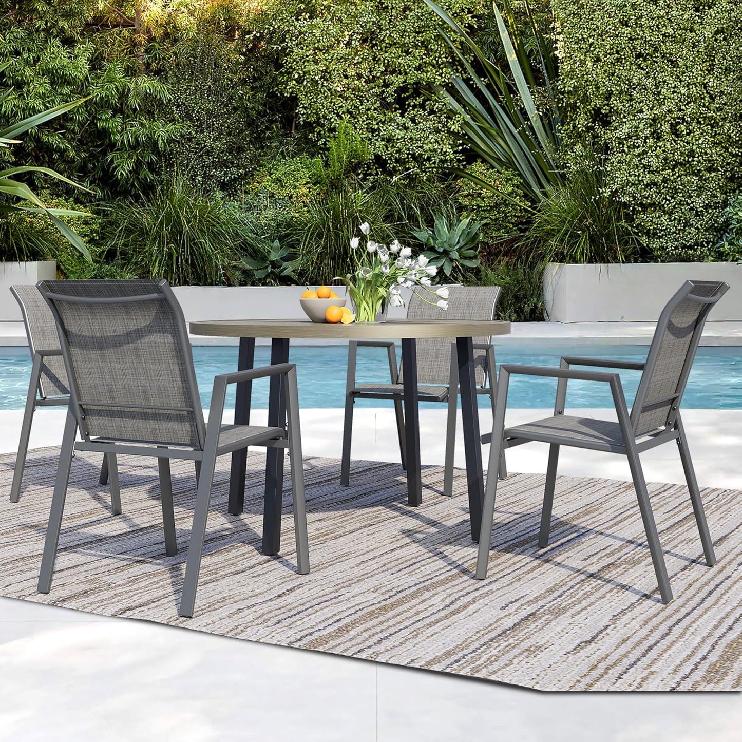 5 Piece Outdoor Dining Set, Patio Table and Chairs Set of 4, 42" Honey Oak Round Patio Table with 4 Grey Stackable Patio Chairs for Lawn, Garden, Porch