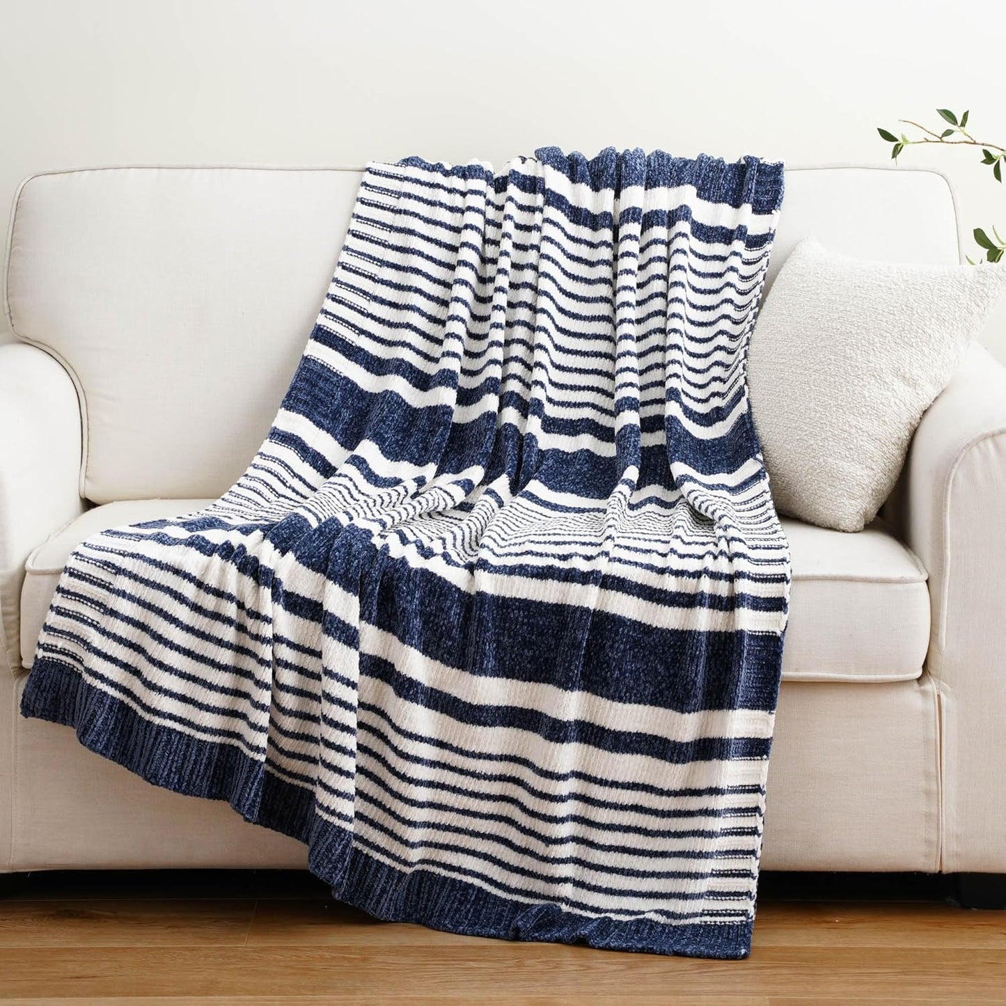 BATTILO HOME Navy and White Throw Blanket for Couch, Navy Throw Blankets, Super Soft Cozy Chenille Knit Throw Blanket for Chair, Sofa, Bed, 51"x67"