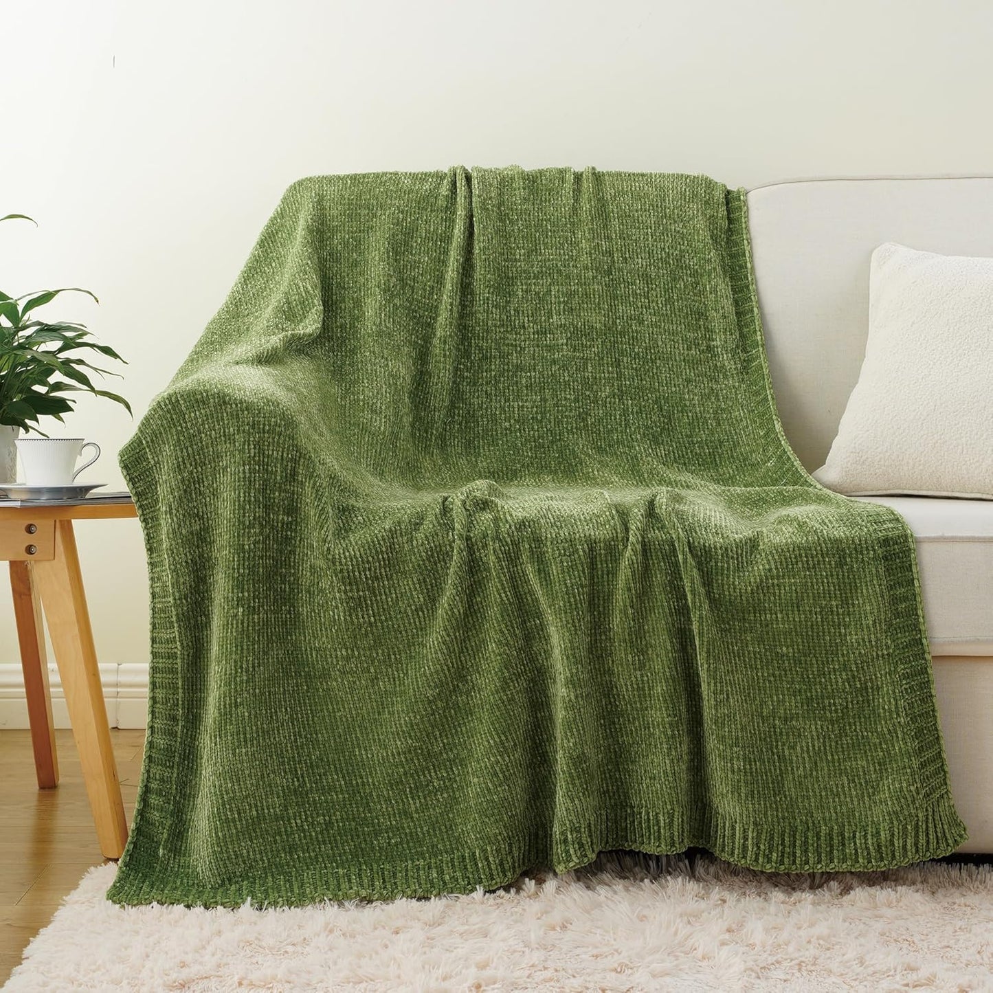 BATTILO HOME Chenille Knitted Throw Blanket for Couch, Spring Summer Green Throw Blanket for Home Decor, Decorative Cozy Soft Moss Green Blankets for Bed Sofa Couch Living Room, 51"x67"