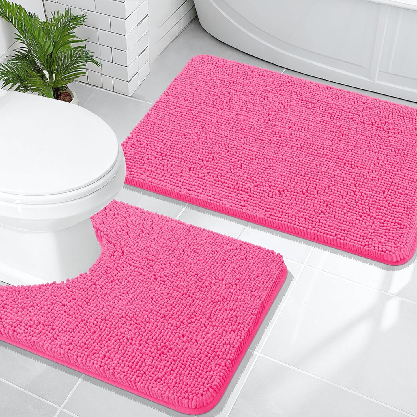 OLANLY Bathroom Rugs Sets 2 Piece, Soft Absorbent Chenille Bath Mats and U-Shaped Contour Toilet Mat Area Rug Set, Machine Washable Bath Carpet, Home Decor Accessories(30"x20"+24"x20", Hot Pink)