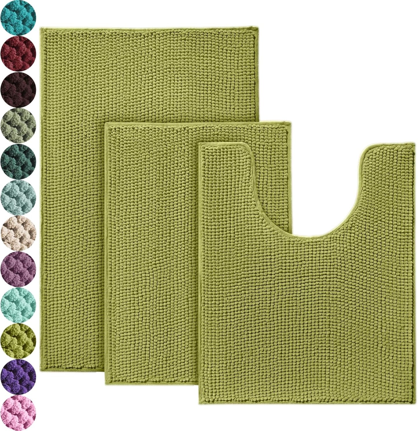 Urvoix Bathroom Rugs Sets 3 Piece, Non-Slip Chenille Bath Rug - Ultra Soft, Washable, Super Absorbent Bath Mat for Bathroom, Toilet and Tub (Pear Green)