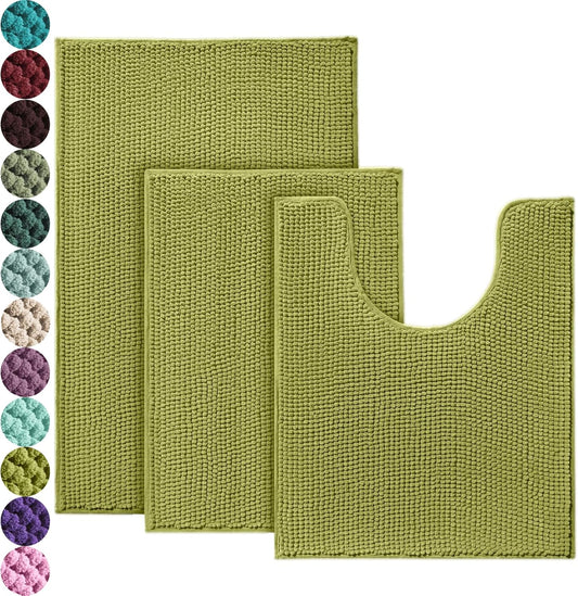 Urvoix Bathroom Rugs Sets 3 Piece, Non-Slip Chenille Bath Rug - Ultra Soft, Washable, Super Absorbent Bath Mat for Bathroom, Toilet and Tub (Pear Green)