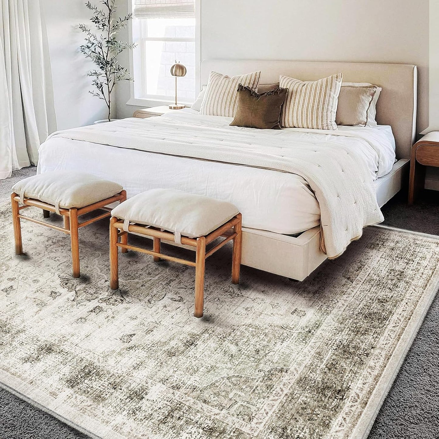 Washable Area Rug 8'x10' Retro Floral Khaki Boho Design Non-Shedding Non-Slip Easy Care Ideal for High Traffic Areas in Living Room Bedroom Office Coffee Table Kitchen Large Carpet