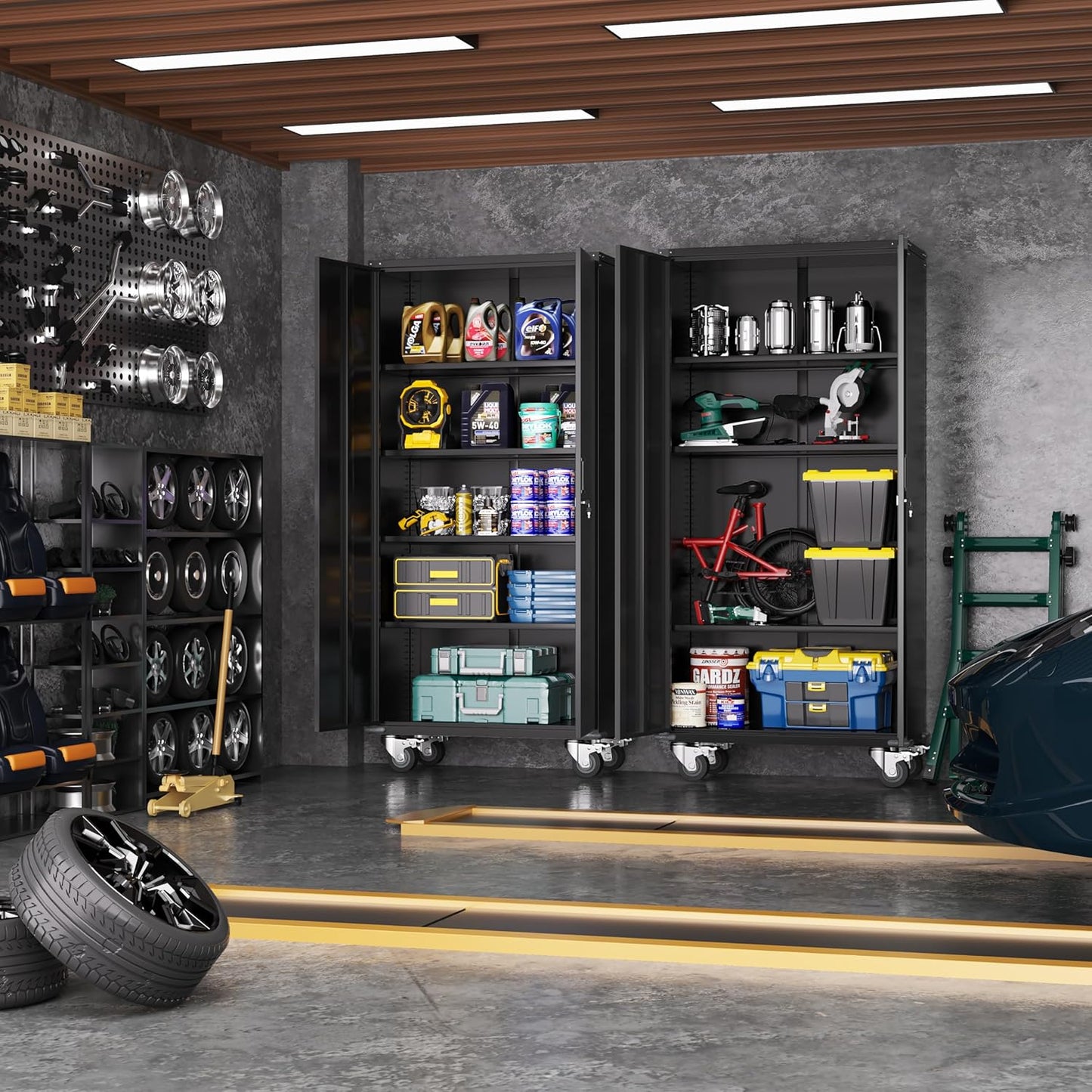Greenvelly Metal Storage Cabinet with Wheels, Lockable 74" Black Metal Garage Cabinets with 2 Doors and 4 Adjustable Shelves, Rolling Steel Tool Cabinet for Garage, Home Office, School